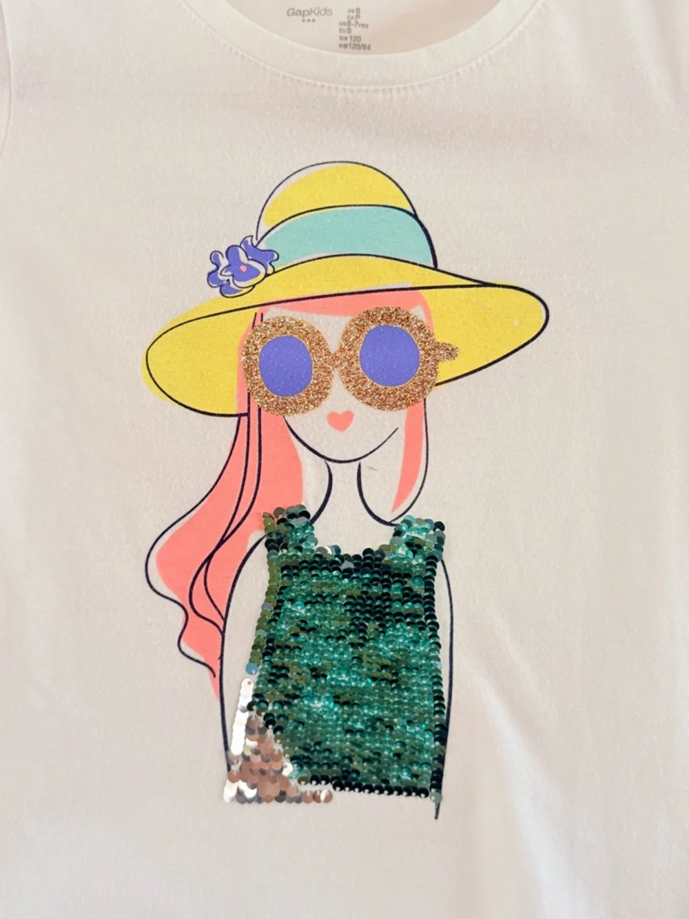 GAP Kids Graphic‎ Sequin Flip Top Tee Summer Hat Sunglasses Shirt Size S